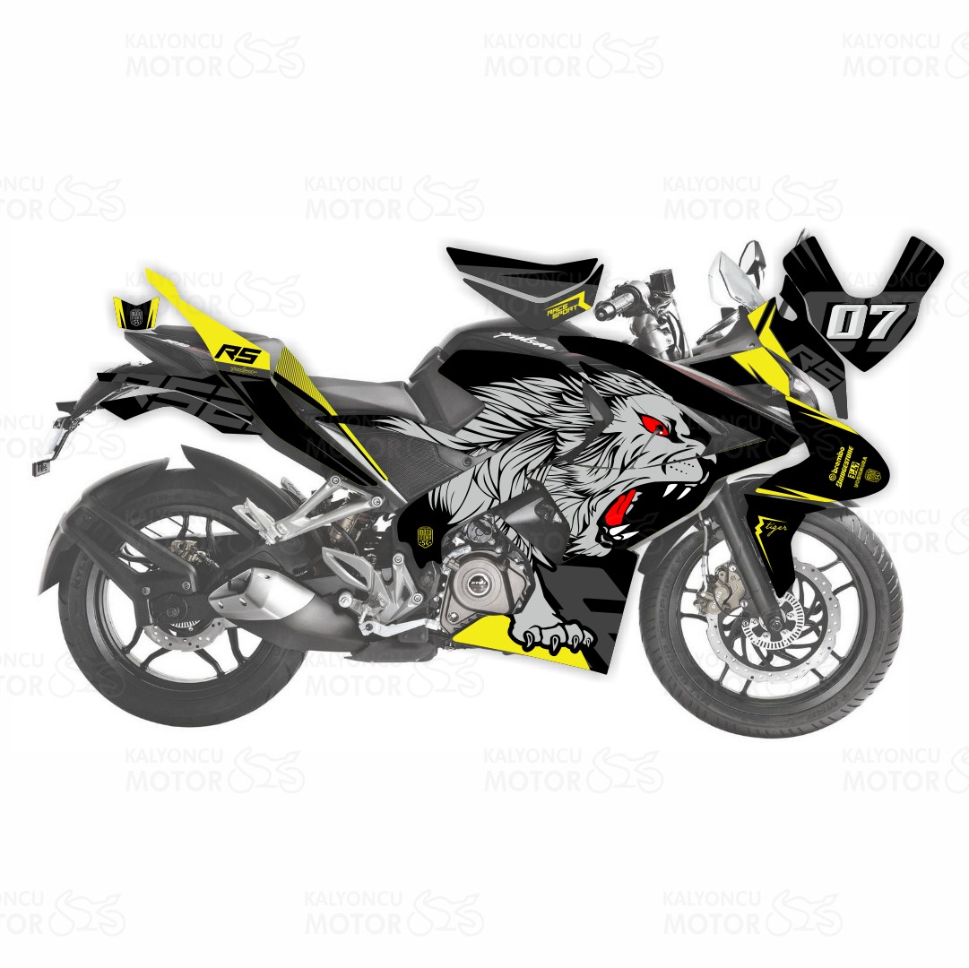 Bajaj Pulsar RS 200 Tiger Design Sticker Set Siyah Gri Sarı Bajaj Pulsar RS 200 Tiger Design Sticker Set Siyah Gri Sarı